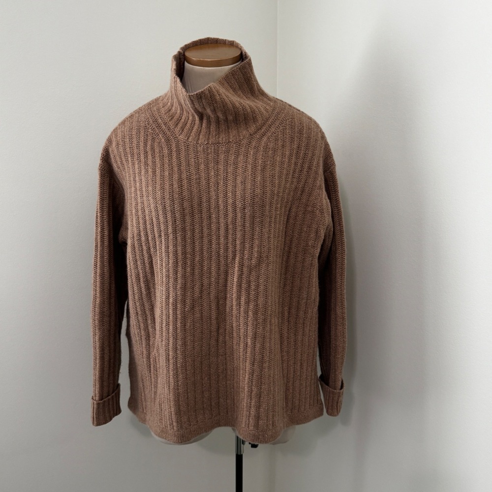James Perse 2 Medium 100% Cashmere Brown Ribbed High Neck Sweater Minimalist